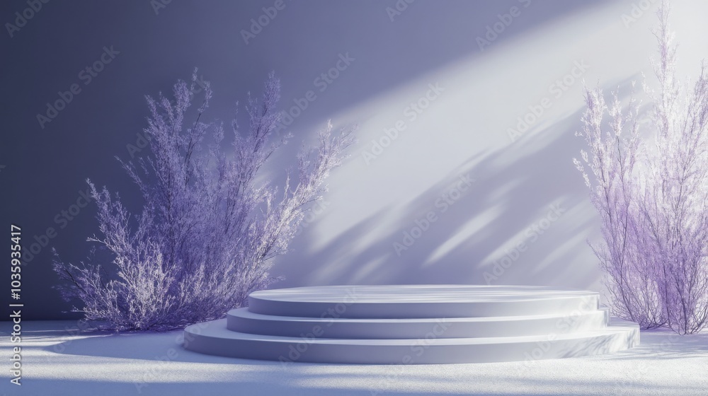 Aufkleber a circular stage composed of three smooth levels is surrounded by delicate purple plants. soft light