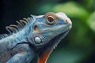 Fototapeta premium A vibrant close-up of a blue iguana showcasing intricate scales and a curious expression against a blurred green background.