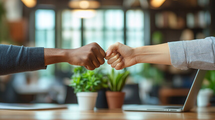 
Four diverse hands coming together for a fist bump over a desk in an office setting. 