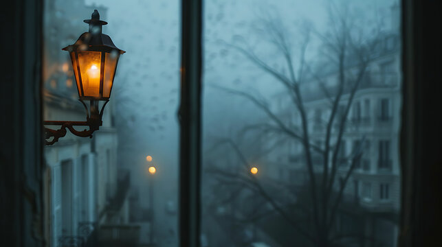 A lit street lamp seen through a rain-streaked window on a misty day.