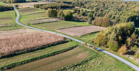 Aerial view of beautiful countryside landscape featuring winding roads, fields, and vibrant trees