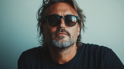 Obraz premium Close-up image of a man in sunglasses and a black outfit looking enigmatic while posing indoors, perfectly capturing a sense of mystery and urban sophistication.