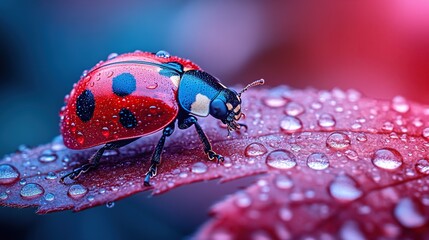 Fototapeta premium Close-up of a ladybug on a dewy leaf.