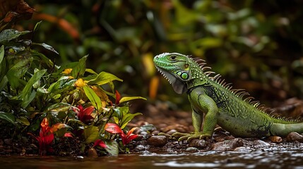 A vibrant green iguana cub stands out against a matching backdrop, showcasing the rich biodiversity of South America and Brazil. 