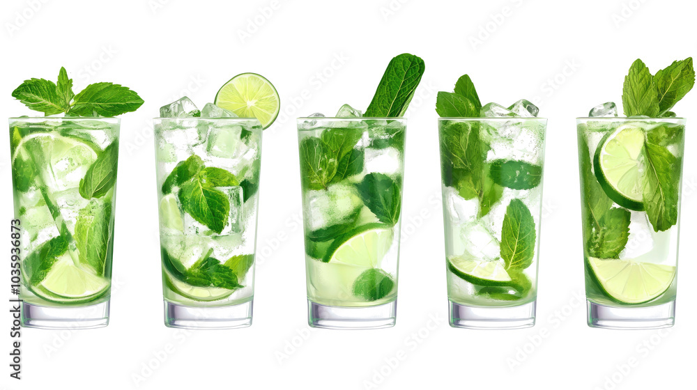 Poster refreshing mojitos cocktail drinks on a transparent background generative ai