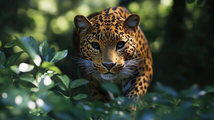A majestic leopard with piercing green eyes stares intently from behind lush green foliage, its powerful stance radiating both beauty and wildness.
