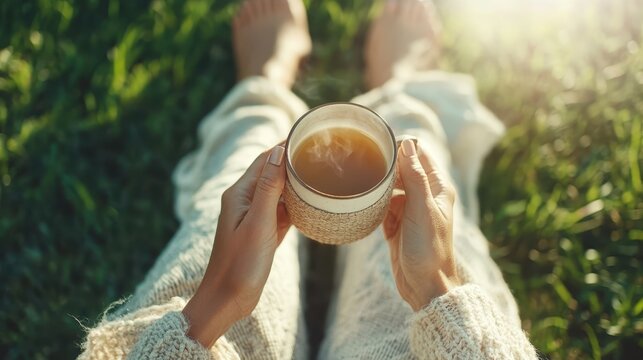 A scene of afternoon calmness where a person relaxes on a grassy spot, sipping from a steaming mug of tea, exuding comfort and tranquility under sunlight.