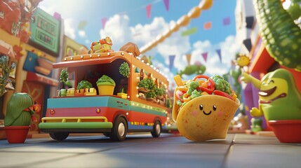 A happy cartoon taco rolls down a street towards a colorful food truck with a smiling avocado mascot.