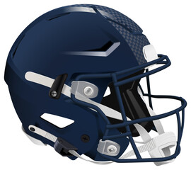 Realistic Dark Blue 3D helmet for American Football with stylized feathers. Dark Blue mask and chin strap