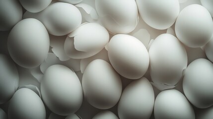 A collection of smooth, white eggs is shown piled together with a soft focus. The lighting highlights the eggs' smooth texture, evoking a sense of purity and simplicity.