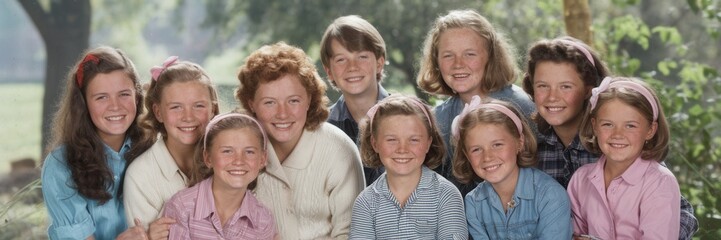 Fototapeta premium Vintage family photo 1950s group of girls from caucasian family