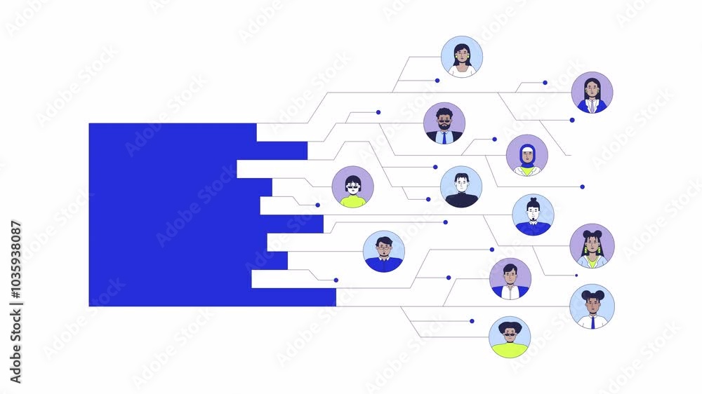 Poster bar chart digital data circuit lines with employees avatars 2d object animation. hierarchy cartoon 4