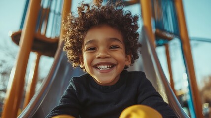 A child with curly hair radiates joy as they zoom down a shining metallic slide, capturing the happiness and boundless energy of youthful outdoor play.