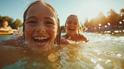 Two happy children swim and laugh in warm sunlit water, their faces glowing with joy, epitomizing the carefree essence and fun of a summer's day.