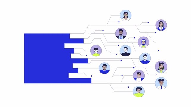 Bar chart digital data circuit lines with employees avatars 2D object animation. Hierarchy cartoon 4K video, alpha channel. Graph circuitry office workers animated flat item on white background