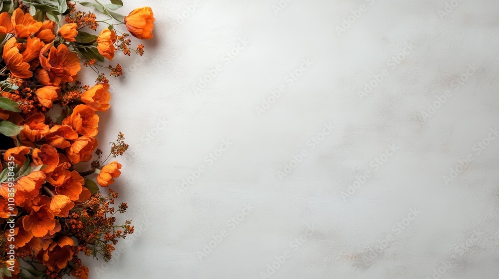 Poster orange flowers and buds are artistically scattered across a plain light surface, creating a contrast