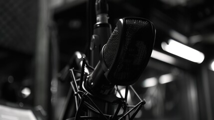 Fototapeta premium Close-up of microphone on stand in soundproof recording studio, positioned in front of script stand, symbolizing voice acting and audio production.