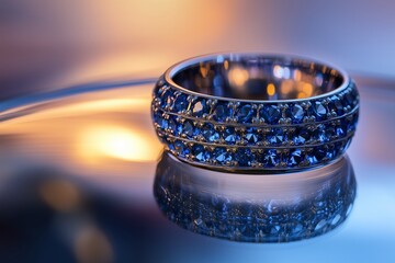 Sapphire-studded ring placed on a smooth glass surface, reflecting soft evening light in the background.