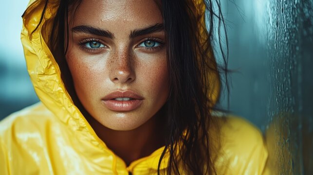 A young woman in a hooded yellow rain jacket stares forward, unfazed by the rain. Her expression is one of determination and quiet strength amidst a wet backdrop.