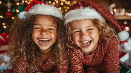 The photograph shows two girls with big smiles, wearing matching red sparkly outfits and Santa hats, enjoying a lively holiday atmosphere with lights and gifts.