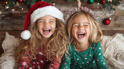This image captures two happy girls in festive pajamas, laughing joyfully, with a holiday backdrop of wooden paneling, evergreen branches, and ornaments.