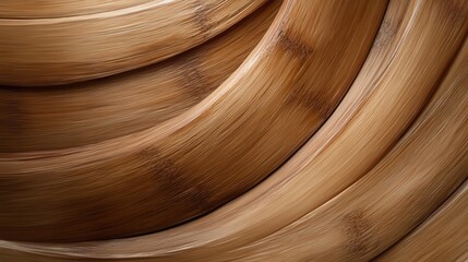 A detailed close-up of overlapping, curved wooden slats forming a seamless wavy pattern, showcasing intricate texture and natural brown tones in the wood.