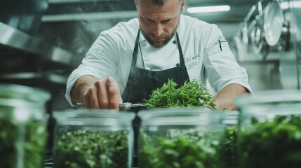 A focused chef in a professional kitchen, meticulously arranging fresh herbs in glass jars, emphasizing dedication to culinary excellence and artisanal preparation.