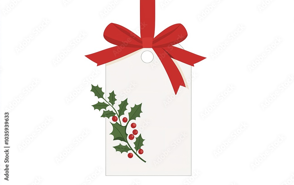 Wall mural Decorative holiday gift tag with red ribbon and holly leaves for festive gifting