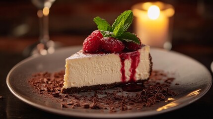 A decadent slice of New York cheesecake topped with raspberry coulis and fresh mint leaves, Cheesecake served on a silver dessert plate, Soft candlelight highlighting its creamy texture
