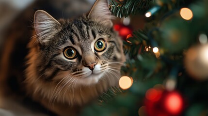 Obraz premium Curious kitten enchanted by Christmas lights