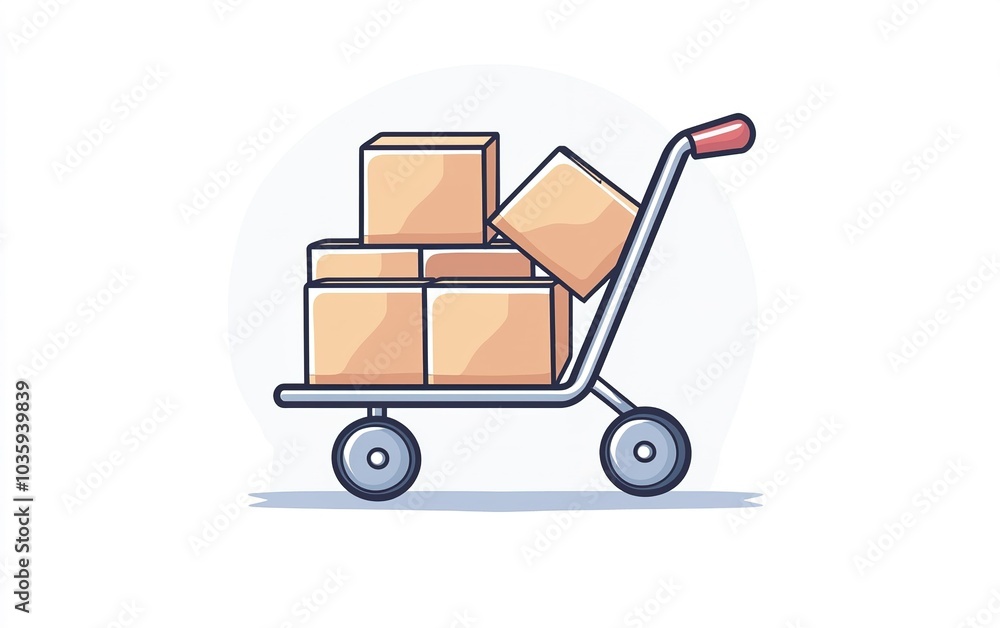 Poster cart loaded with cardboard boxes displayed in a simple graphic style against a light background
