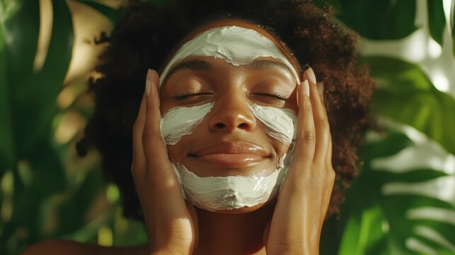 A serene woman is immersed in a refreshing skincare routine, applying a green face mask to hydrate, rejuvenate, and indulge her skin amidst lush greenery.
