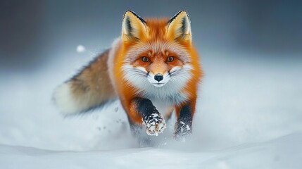 Obraz premium Arctic wilderness: Red Fox strides across snow-covered tundra, its natural habitat in Siberia's icy expanse. Witness the beauty of Chukotka and Russia's Far East