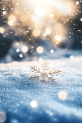 Snowflake ice sparkle crystals snow on frozen ground. Christmas New Year holiday background