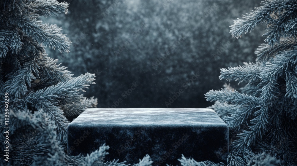 Poster A dark stone tablet stands in a serene winter forest, surrounded by frosty evergreen trees. The atmosphere is calm and mysterious with a soft light filtering through the branches.