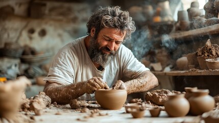 In a dimly lit artisan workshop, a potter is deeply focused on molding clay pottery, surrounded by earthy materials, highlighting dedication and creativity.