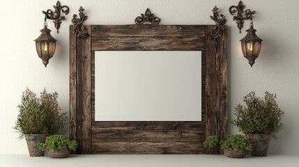 Elegant Vintage Blank Canvas with Hanging Lanterns and Potted Plants on Textured Wall - Rustic Home Decor and Art Display Concept