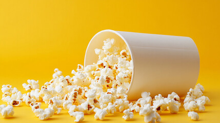 
A white paper cup is lying on its side, and popcorn is spilling out of it onto the floor. 