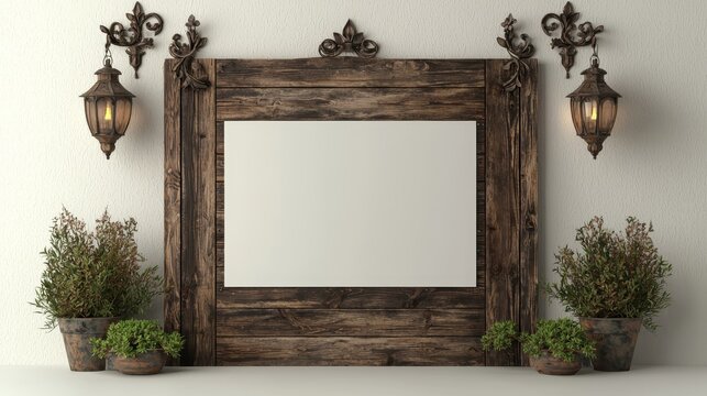 Elegant Vintage Blank Canvas with Hanging Lanterns and Potted Plants on Textured Wall - Rustic Home Decor and Art Display Concept