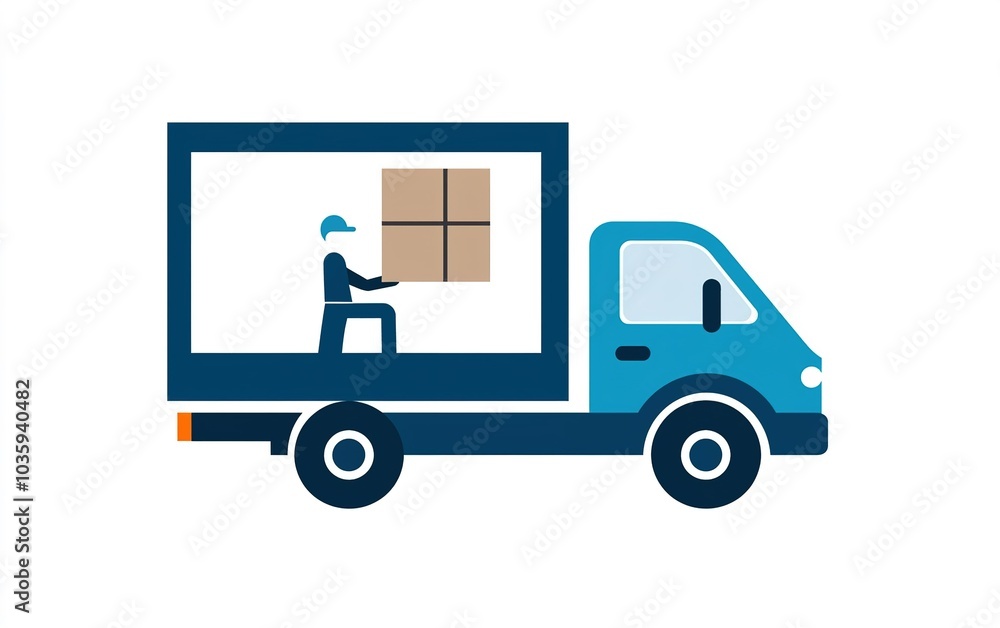 Aufkleber delivery truck transporting package with worker loading cargo in a simple graphic representation