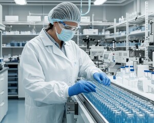 Naklejka premium Precise Laboratory Workflow Technician Examining Blue Liquid Vials in Modern Setting