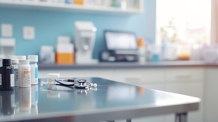 A medical office with a table full of medical supplies