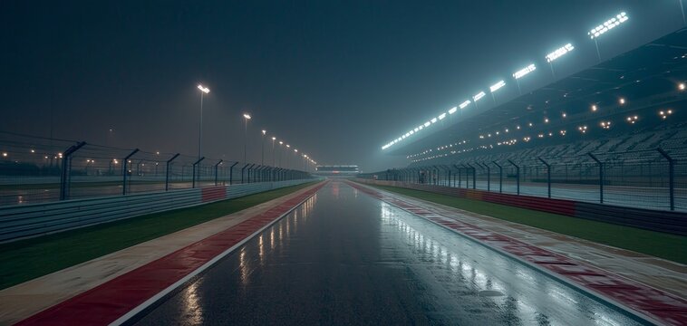 Night Race Track Illuminated by Floodlights with Mysterious Fog, Solitude, and Anticipation