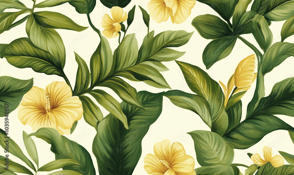 Wall mural tropical botanical seamless pattern with lush green leaves and yellow hibiscus flowers