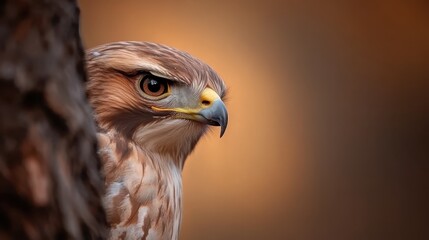 Naklejka premium A close-up of a majestic bird with intense eyes, peering from behind a tree. Its feathers are beautifully detailed, creating a striking visual contrast.