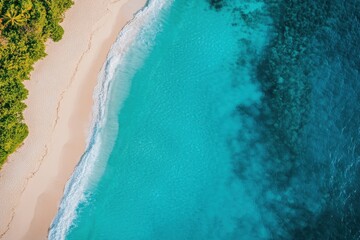 Stunning overhead scene of sandy coastline featuring pristine waters, perfect coastal destination for vacations, holidays, travel experiences, and tourism with generous area for text, detailed angle