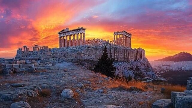 Akropolis of athens at sunset and twilight sky