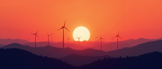 A captivating sunset scene featuring wind turbines silhouetted against an orange sky, set in a mountainous landscape. Represents renewable energy, sustainability, and natural beauty.

