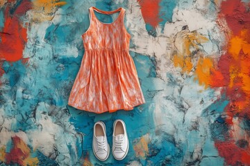 Sporty outfit with a skater dress and white slip-on shoes, placed on a vibrant, textured background.