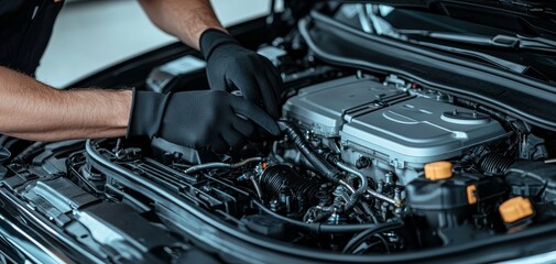 Expert Mechanic's Hands Working on Car Engine in Dimly Lit Garage - Close-Up Automotive Repair Concept